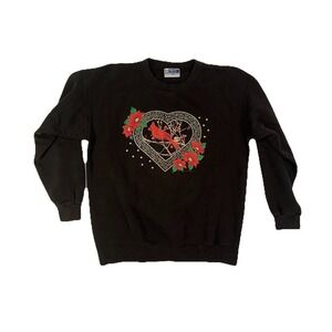 VTG 90s Endless Designs Christmas Sweatshirt Cardinal Winter Nature Black Size M